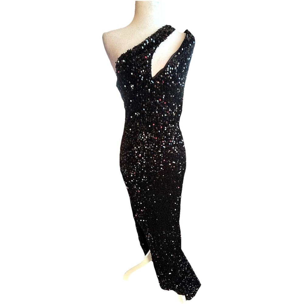 Windsor Formal Evening Gown Sz S Black Sequin One Shoulder High Slit Prom Party